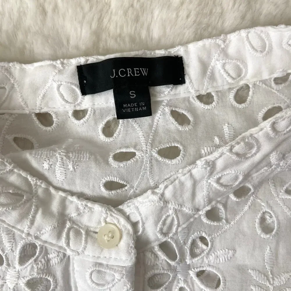 J. Crew White Puff-Sleeve Popover Eyelet Top Size Small